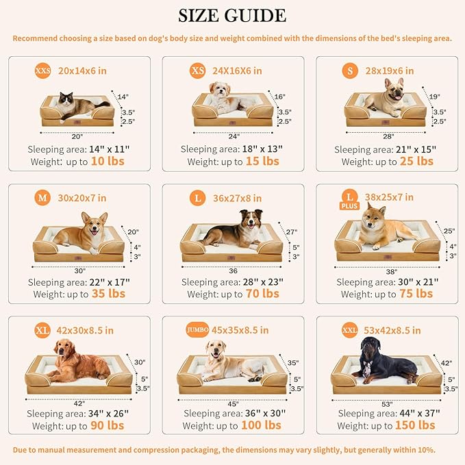 Comfort Expression Orthopedic Dog Bed for Medium Dogs 28x19 Inch, Waterproof Supportive Egg Crate Foam Medium Pet Bed with Removable Bolsters, Dog Couch with Washable Cover & Non-Slip Bottom, Caramel