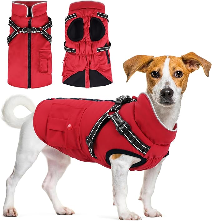Dog Winter Coat with Harness Built-in | Waterproof Dog Jacket with Zipper & Fleece Lining | Reflective Cold Weather Coat for Small Medium Large Dogs