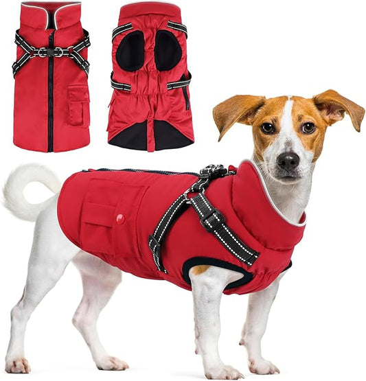 Dog Winter Coat with Harness Built-in | Waterproof Dog Jacket with Zipper & Fleece Lining | Reflective Cold Weather Coat for Small Medium Large Dogs