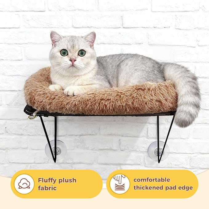 Cat Window Perch, Cordless Cat Hammock Window Seat with Sturdy Metal Frame Supports and 4 Strong Suction Cups (Brown, Long Hair)