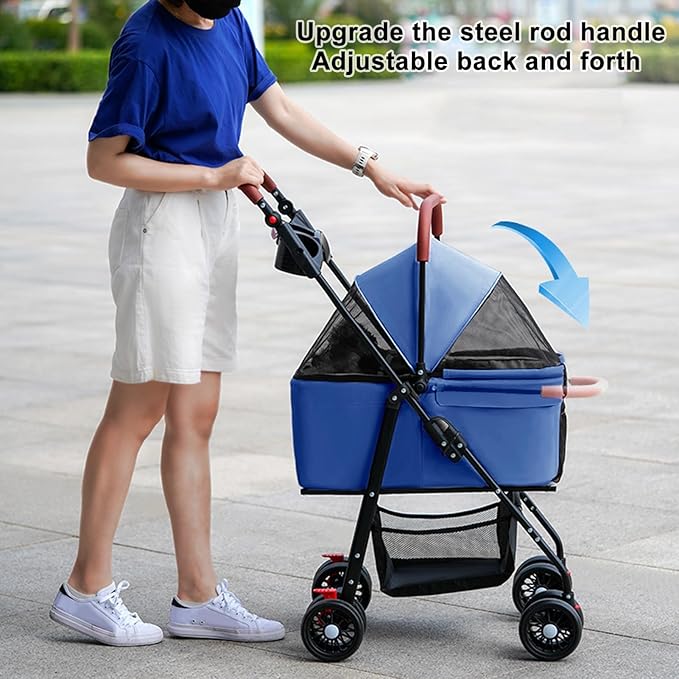 Pet Stroller-Folding 4 Wheels Cat/Dog Stroller for Medium Small Pets with Storage Basket and Cup Holder Suitable for Going Out and Traveling (Blue)