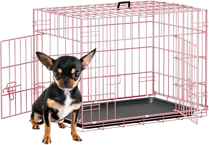 FDW 24inch Dog Crate Pet Cage with Metal Folding Design Plastic Tray Indoor Outdoor Dog Kennel Cage for Small Dogs,Pink
