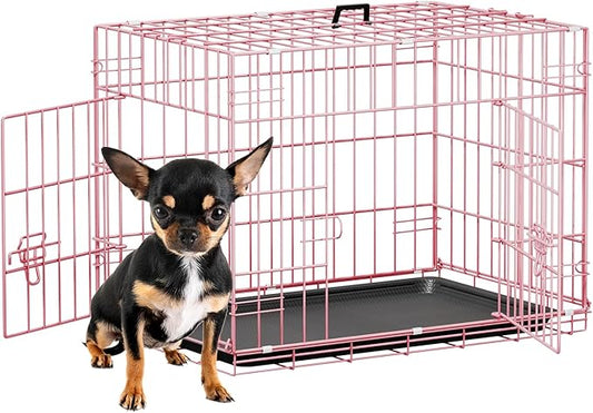 FDW 24inch Dog Crate Pet Cage with Metal Folding Design Plastic Tray Indoor Outdoor Dog Kennel Cage for Small Dogs,Pink