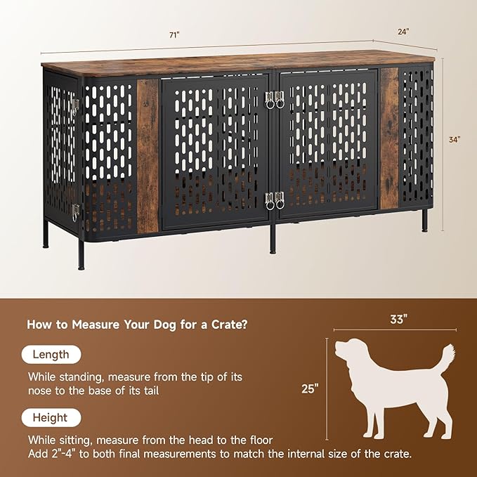 ONBRILL 71" Dog Crate Furniture for 2 Dogs, Indoor Heavy Duty Dog Crate with Removable Divider and 4 Doors, Escape Proof Pet Cage, XXL Thicken Wooden Kennel TV Stand for Medium Large Dogs,Brown