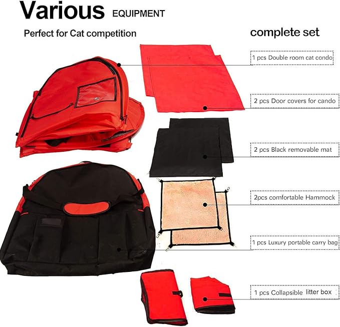 Mispace Portable Twin Compartment Show House Cat Cage/Condo - Easy to Fold & Carry Kennel - Comfy Puppy Home & Dog Travel Crate with Portable Carry Bag/Two Hammocks/Mats and Collapsible Litter Box