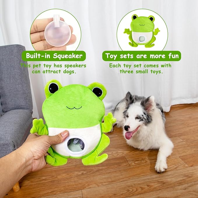 Hollypet Squeaky Dog Toy, Interactive Plush Hide and Seek Dog Toys for Small Medium Sized Dogs and Non-Aggressive Chewers, Puppy Teeth Clean Chew Toys, Frog