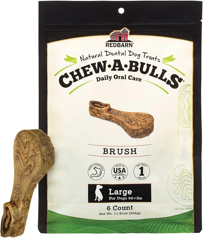 Redbarn Chew-A-Bulls, 6 Pack – Large Brush Shape Dog Dental Treats – Daily Oral Care with Fun Ridges & Grooves, All Natural Ingredients, Highly Digestible Chews & Low in Fat