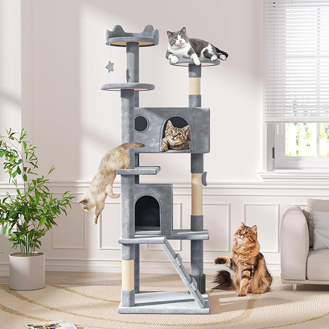 Magshion Cat Tree 77" Cats Tower for Indoor Cats, Multi-Level Cat Condo with Scratching Post, Top Perch, Sisal Board and Dangling Ball, Cat Stand Jumping Platform Kittens Pet Play House (Light Grey)