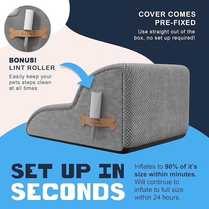 PAWZY Foam Pet Stairs for Small Dogs & Cats – 2-Step Dog Ramp 12” High, Wide Non-Slip Steps for Bed & Couch – Washable Pre-Fitted Cover (no Assembly Required), Waterproof Base – Grey