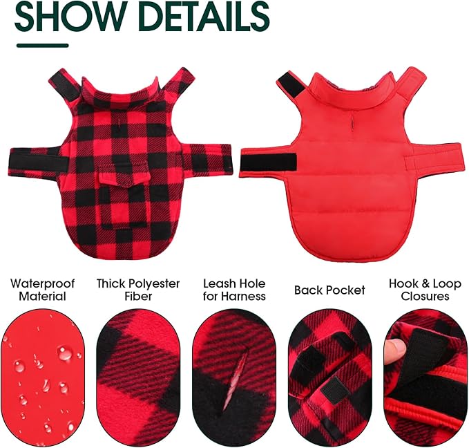 Kuoser Dog Winter Coat, Windproof Dog Fleece Jacket British Style Plaid Cold Weather Doggie Vest Coats, Reversible Cozy Warm Pet Clothes Apparel for Large Size Dogs L