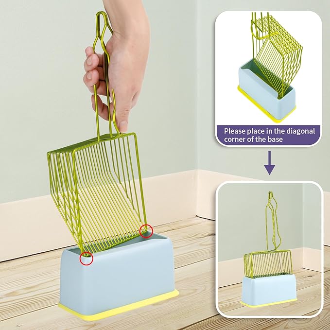 DHXYZZB Cat Litter Scoop with Holder, Metal Cat Litter Scoop Deep Shovel Kitty Poop Scooper Stand for Litter Box, Fast Sifting Non-Stick Cat Poop Sifting with Container to Store cat Scooper