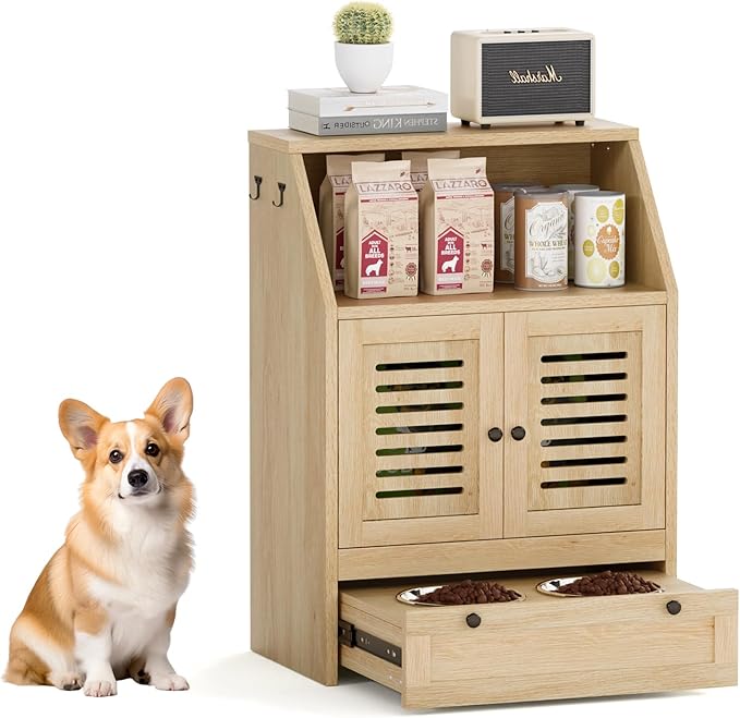 Giluta Dog Feeding Station with Storage Cabinet and 2 Elevated Dog Bowls, Hidden Pet Feeder Station Wood, Dog & Cat Storage Organizer, Natural Wood