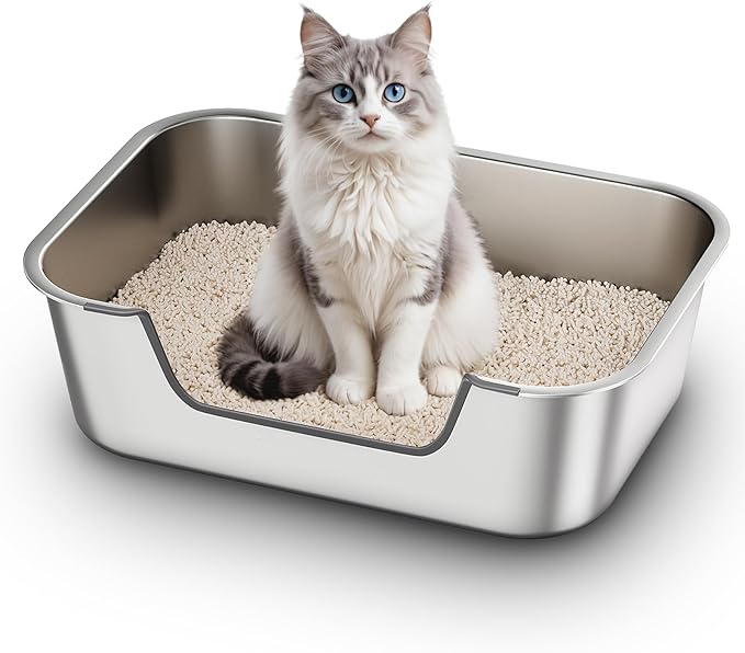 Stainless Steel Cat Litter Box with Low Entry, Metal Kitty Litter Box for Senior or Injured Cats, Odor-Free, Non-Stick, Easy to Clean, 19.5"x13.6"x5.9", Litter Pan for Big and Small Cats