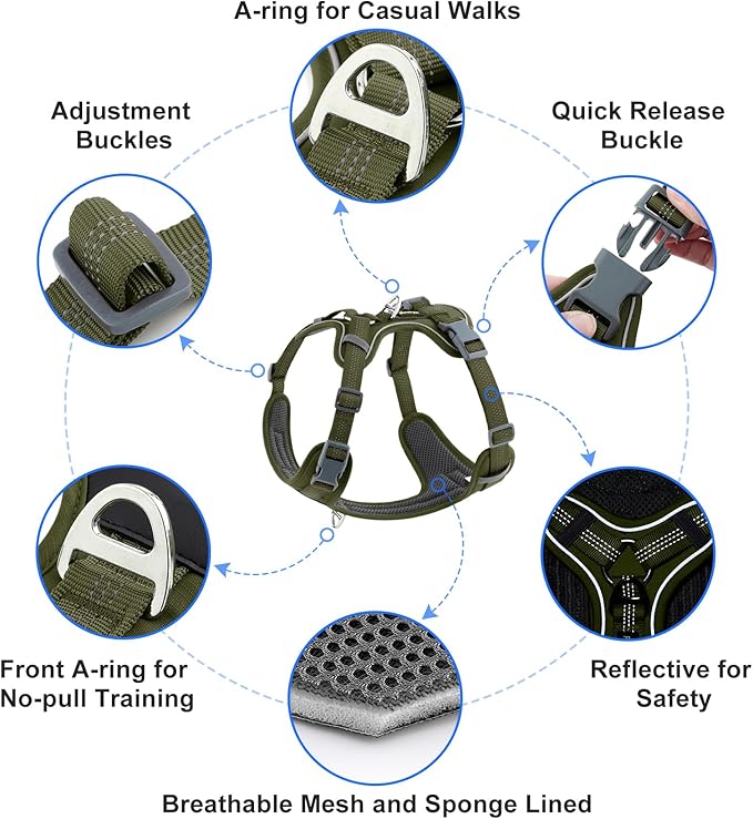 Plutus Pet No Pull Dog Harness, Release at Neck, Soft Padded, Reflective Adjustable Dog Vest Harness for Small, Medium, Large Dogs(Ranger Green, S)