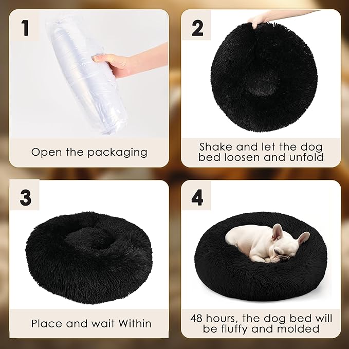 Dogs Bed for Small Dogs, Anti-Anxiety Washable Round Bed (Black, 24.0" L x 24.0" W x 8.0" Th)
