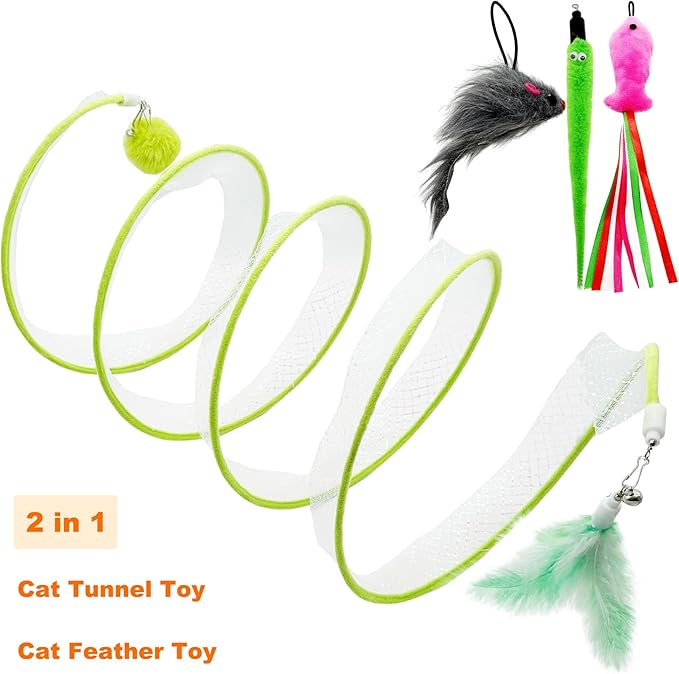 Self Play Cat Hunting Spiral Tunnel Toy, Folded Cat Spring Tunnel Toys for Indoor Cats (Green)