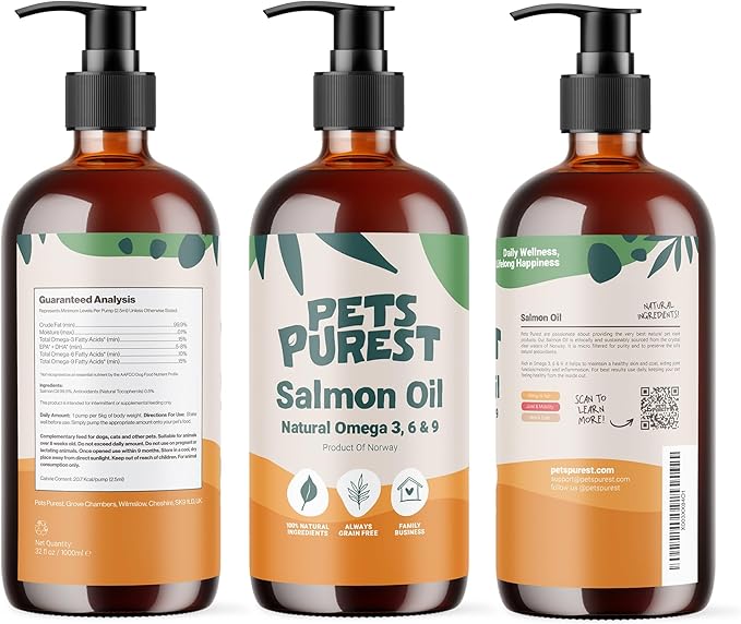 Salmon Oil for Dogs, Cats, Horses, Ferrets & Pets - 32 Fl Oz 100% Pure Premium Food Grade - Natural Omega 3, 6 & 9 Supplement - Promotes Coat, Skin, Joint and Brain Health