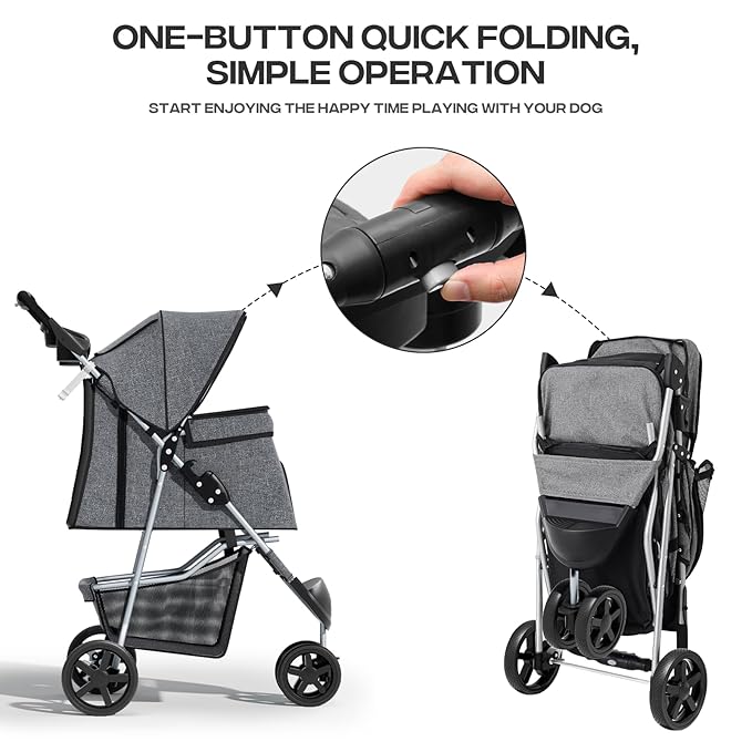 Cat Dog Stroller,3-Wheels Pet Stroller for Medium/Puppy Dogs 30 Lbs, Cat Strollers for 1 Cats, Foldable Dog Stroller with Storage Basket and Cup Holder, Breathable Mesh Grey