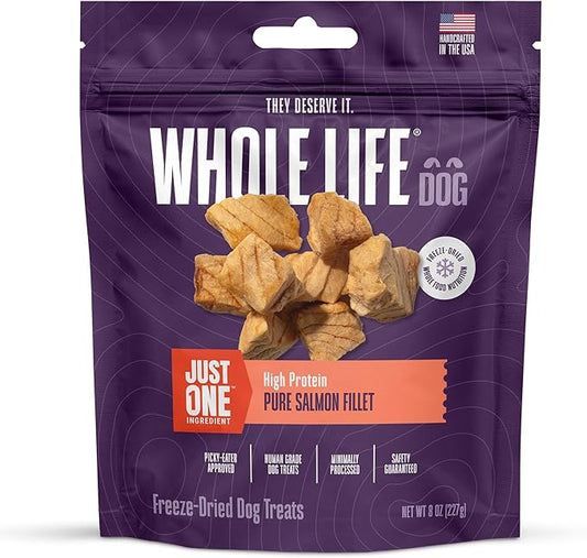 Whole Life Dog Just One Salmon Freeze Dried Dog Treats - Human Grade High Protein Food, Healthy Training Snacks, Freeze Dried Salmon Food Toppers, USA Made Natural Treats - 8 oz (Value Pack of 1)