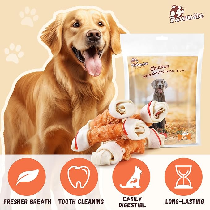 Dog Treats Large Breed, Chicken Wrapped Rawhide Bones, Large Size Long Lasting Chew with Taurine, Dog Treats Teeth Cleaning Snacks for Medium Large Dogs, 4 Counts, 10.6oz
