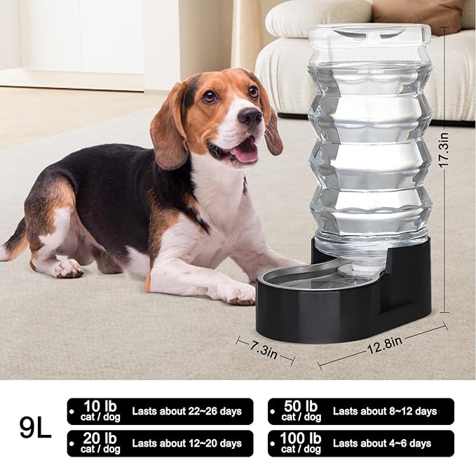 RIZZARI Large Dog Water Dispenser: Stainless Steel Pet Water Bowl - 9L Black Stainless Steel Automatic Pet Gravity Feeder with Filter Indoor/Outdoor