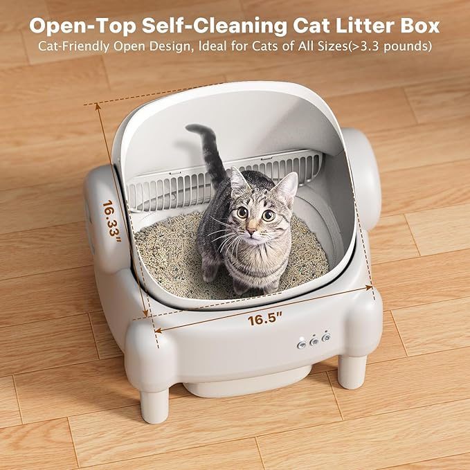 Automatic Litter Box,Open Top Self Cleaning Litter Box with App Control for Multiple Cats, Safety Sensors Protection, Odor Control Includes 2 roll Liners,Large Waste Bin, Cream White