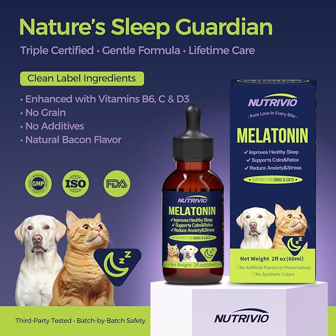 Liquid Melatonin for Dogs Melatonin Drops for Dogs & Cats,Dog Sleep Aid,Calming for Dogs Reduce Cat Stress Restful Sleep Formula with Vitamin B/D/C Bacon Flavor 2 fl oz (60 mL)