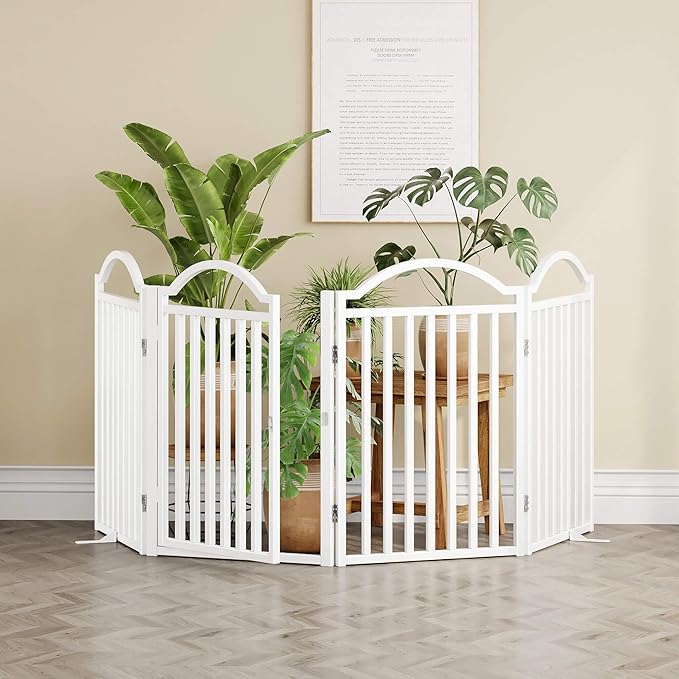 UDD Dog Gate Indoor 96" Extra Wide, 32" Tall Foldable Pet Gate with Door for Stairs Doorways Hallways Porch, Freestanding No Drilling Metal Pet Fence for Dogs Puppy, White 4-Panel