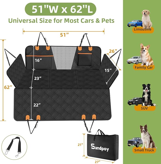 Back Seat Extender for Dogs - Extra 40% Space, Dog Car Seat Cover Hard Bottom Holds 400lbs, Waterproof Dog Hammock & Car Seat Cover with Mesh Window, Perfect Travel Bed for Cars, SUVs