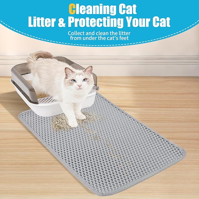 Cat Litter Mat, Kitty Litter Collector, Double Layered Honeycomb Design Waterproof, Anti Urine, Anti Slip, Easy to Clean, Limit Garbage (23"x14.5", Grey)