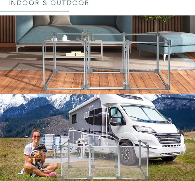 Front Row Foldable Dog Playpen – Durable and Portable Puppy Playpen for Exercise, Rest & Play – Clear Fence Panels with Aluminum Rods and Crate for Dogs and Other Small Pets (Silver, 8-Panel)