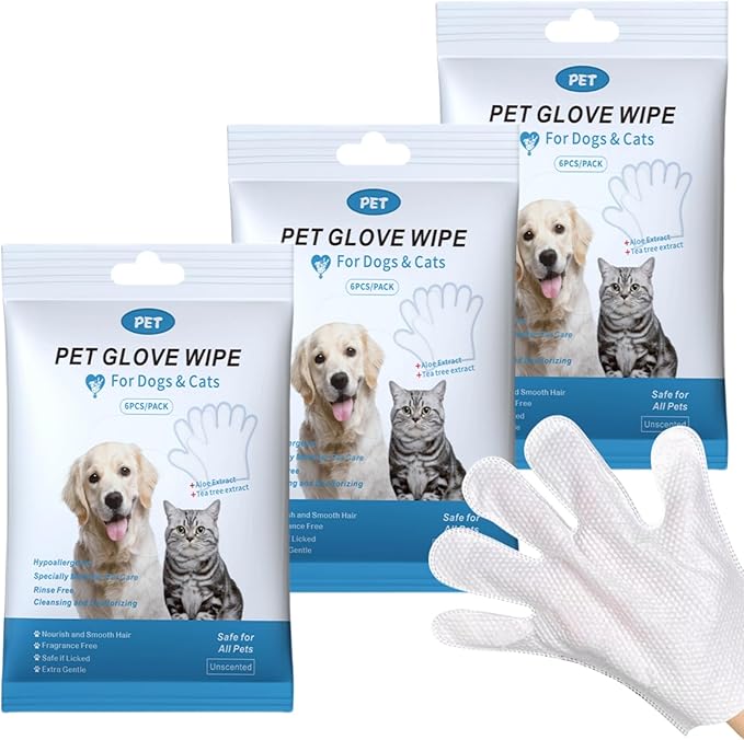 Extra Thick Pet Bathing Wipes for Dogs Cats,Cleaning Deodorizing Grooming Gloves,Nourish Fur Glove Wipes for Daily Care and Traveling,Rinse Free,Unscented,3 Pack,18 PCS