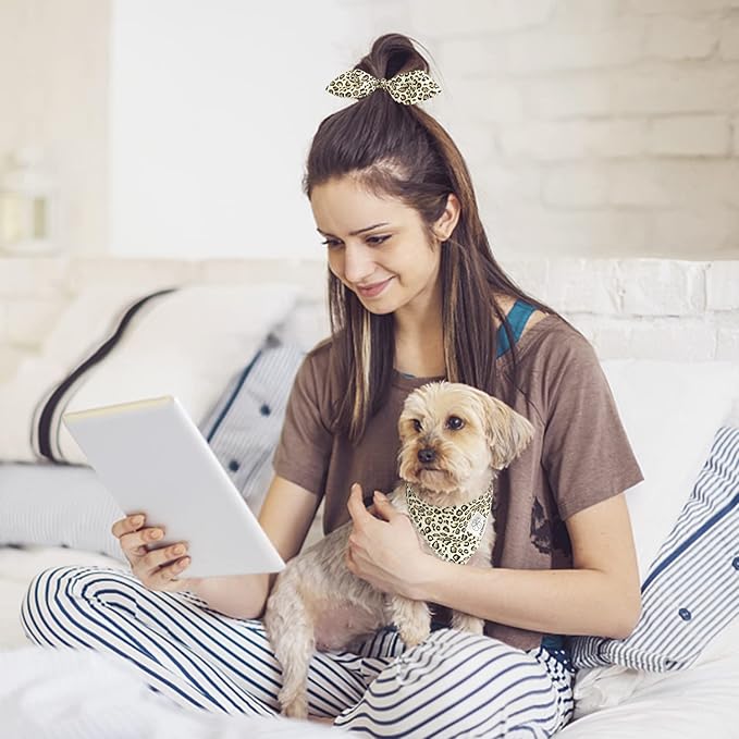 E-Clover Dog Bandanas & Matching Scrunchie Set Leopard Dog Bandana Bibs Washable Kerchief Scarf for Puppy Small Dogs & Owner