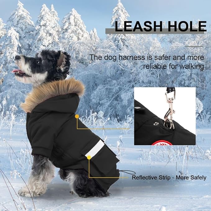 PINA Small Dog Coats - Waterproof, Warm Winter Jacket with Faux Fur Hood & Pocket