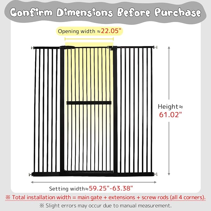 Lumizone Extra Tall Cat Gate 61.02" High Pressure Mounted Extra Wide 59.25"-63.38" (17Sizes) 1.37" Gap No Drilling Auto-Close Tall Pet Gate for Dogs (Black, 59.25"-63.38"/150.5-160.5cm)