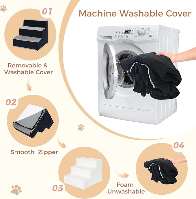 Dog Stairs for Small Dogs and Cats 18.5" H 3-Step DogSteps for High Bed Couch and Sofa High-DensityFoam Dog Ramp withSupporting Boardet Stairs withNon-Slip Bottom Washable Cover