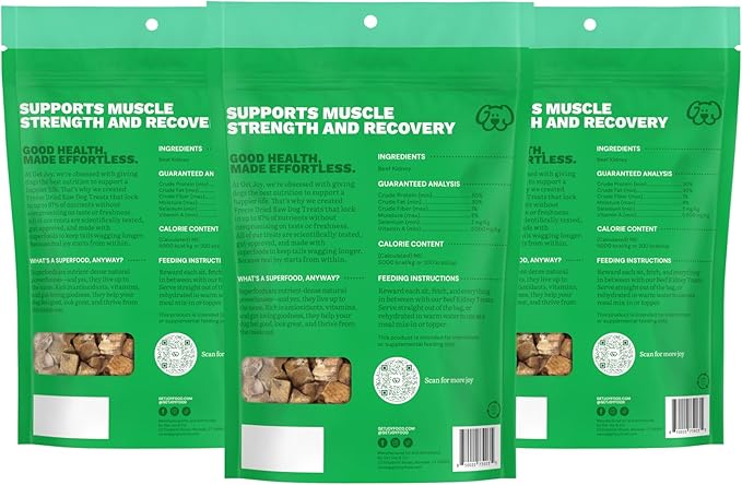 Get Joy Freeze Dried Superfood 100% Beef Kidney Dog Treats, 4 Ounce Bag (Pack of 3), Single Ingredient Organ Meat, High Protein, Immune Health, Muscle Repair, Grain Free, Gluten Free, Made in USA