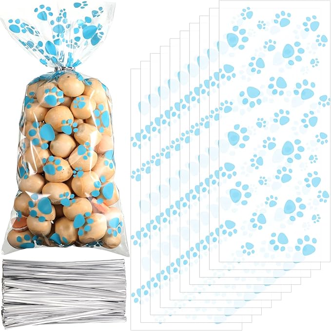 Blulu 100 Pieces Dog Treat Bags Puppy Party Favor Pet Paw Cone Cellophane Bags Candy Heat SealableDog Paw Gift with 100 Pieces Silver Twist Ties for Pet Cat Treat Party Favor (Blue)