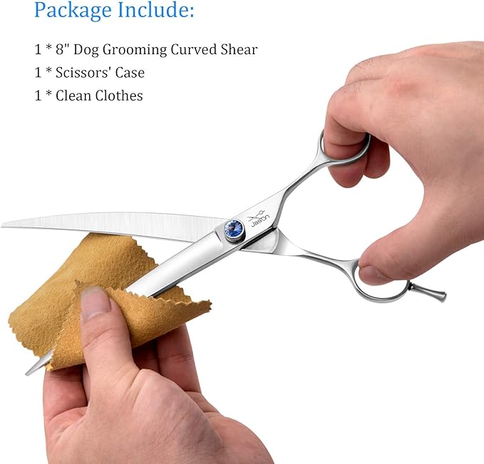 JASON 8" Curved Dog Grooming Scissors Ergonomic Pets Cats Trimming Shears with Offset Handle and a Jewelled Screw for Right Handed Groomers Long Sharp Comfortable