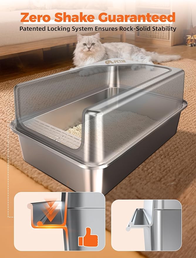 PETNF All Stainless Steel Cat Litter Box, High Sided Large Metal Litter Box - Leak-Proof, Anti-Litter Tracking, Easy Clean for Big Cats, Multi-Cat Households, 24"L x 18"W x 12"H (Silver White, 2 PACK)