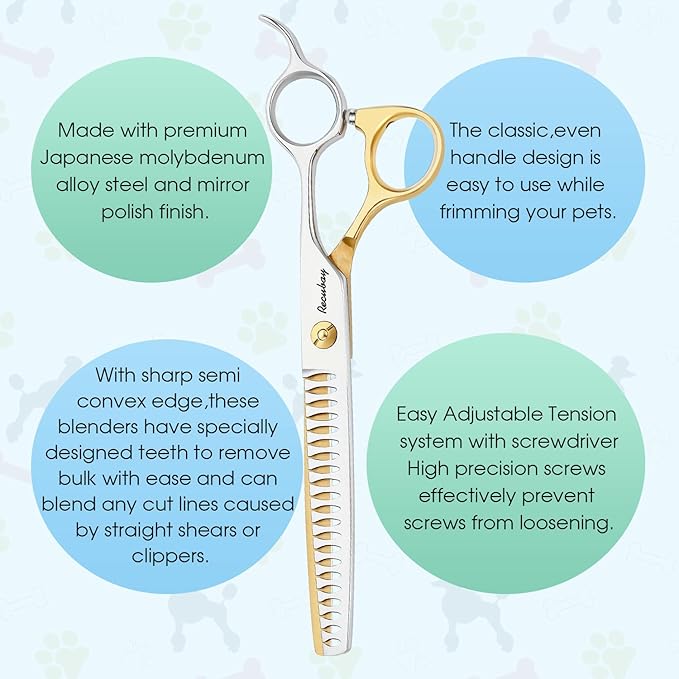 Dog Cat Scissors for Grooming, Pet Shears for Thick Coats and Matted Hair, Thinner Curved Straight Chunker Stainless Steel Shears (7.0" Chunker Gold-Silver)