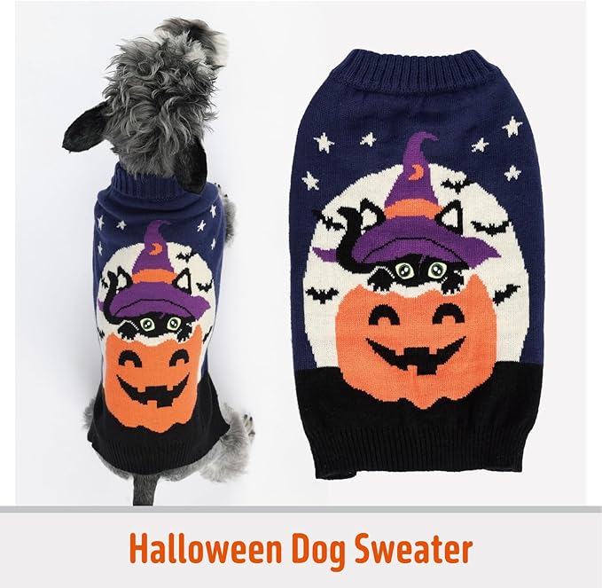 FOFOS Halloween Dog Sweater Pumpkin, Acrylic Knit Dog Pullover Lightweight Dogs Halloween Clothes for Small Medium Puppies, Navy Blue, XL