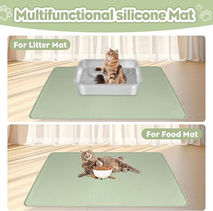 Cat Litter Mat, Extra Large 34" x 22" Silicone Mat Litter Trapping Mat for Scatter Control, Soft on Kitty Paws, Easy to Clean (Light Green)