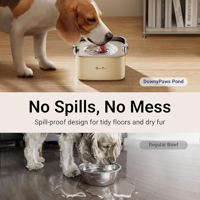 DownyPaws No Spill Water Bowl for Dogs,101oz/3L Slobber Stopper Stainless Steel, Slow Drinking Dog Water Bowl, No Mess Dog Water Dispenser Spill Proof, Dishwasher Safe, Beige