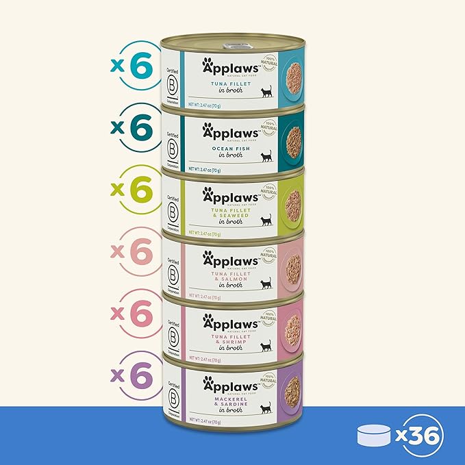 Applaws Natural Wet Canned Cat Food, Made with Limited and Natural Ingreidents, High Protein with No Artificial Additives or Fillers, Fish Selection in Broth (36 x 2.47oz Cans)