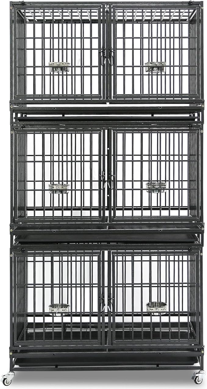 Homey Pet Three Tiers 43 inch Heavy Duty Dog Crate with Wheels, Stackable Indestructible Steel Dog Cage Kennel Indoor with Divider, Trays, Bowls, Escape Proof Locks for Breeder and More