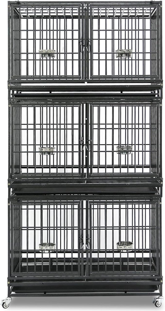 Homey Pet Three Tiers 43 inch Heavy Duty Dog Crate with Wheels, Stackable Indestructible Steel Dog Cage Kennel Indoor with Divider, Trays, Bowls, Escape Proof Locks for Breeder and More