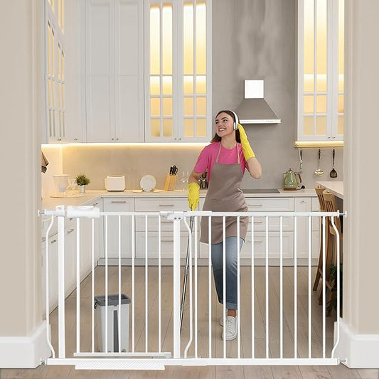 Extra Wide Baby Gate Extra Tall Dog Gate for Stairs Doorways White Metal Tension Child Pet Safety Gates with Pressure Mount 57.5-62 Inch