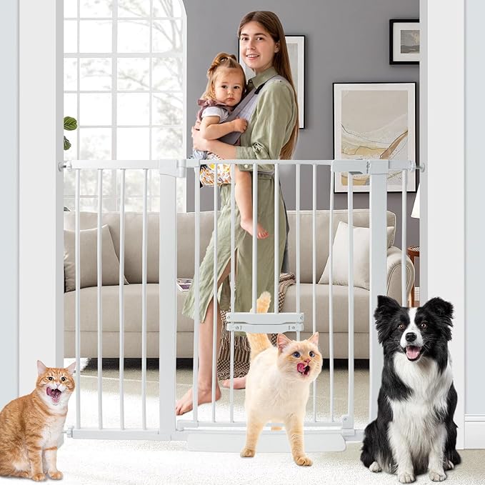 37 Inch Tall Baby Gate with Small Cat Door, Adjustable 29.55" and 46.06", Auto Close Safety Child Gate for Stairs, Doorway, House, Pressure Mounted