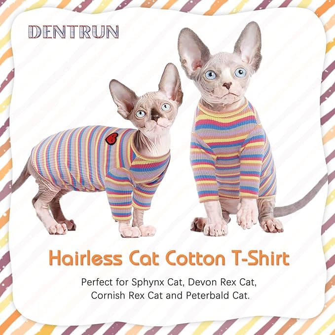 DENTRUN Hairless Cats Shirt Breathable Cat Daily Wear Clothes Stripe Vest Adorable Pajamas Jumpsuit Soft & Skin-Friendly